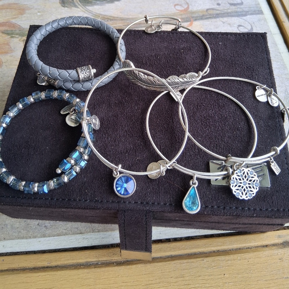 Alex and Ani bracelet bundle of 6 with blue crystals snowflake